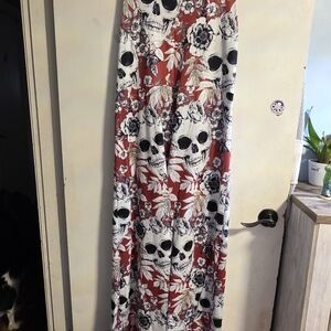 Skull and Floral Print Maxi Skirt - Red and White